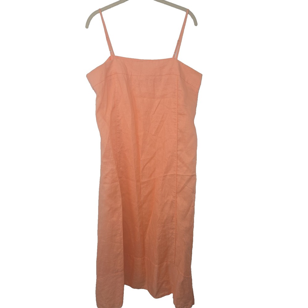 DKNY PURE Large Apricot Orange 100% Linen Spaghetti Strap Shark-Bite‎ Midi Dress